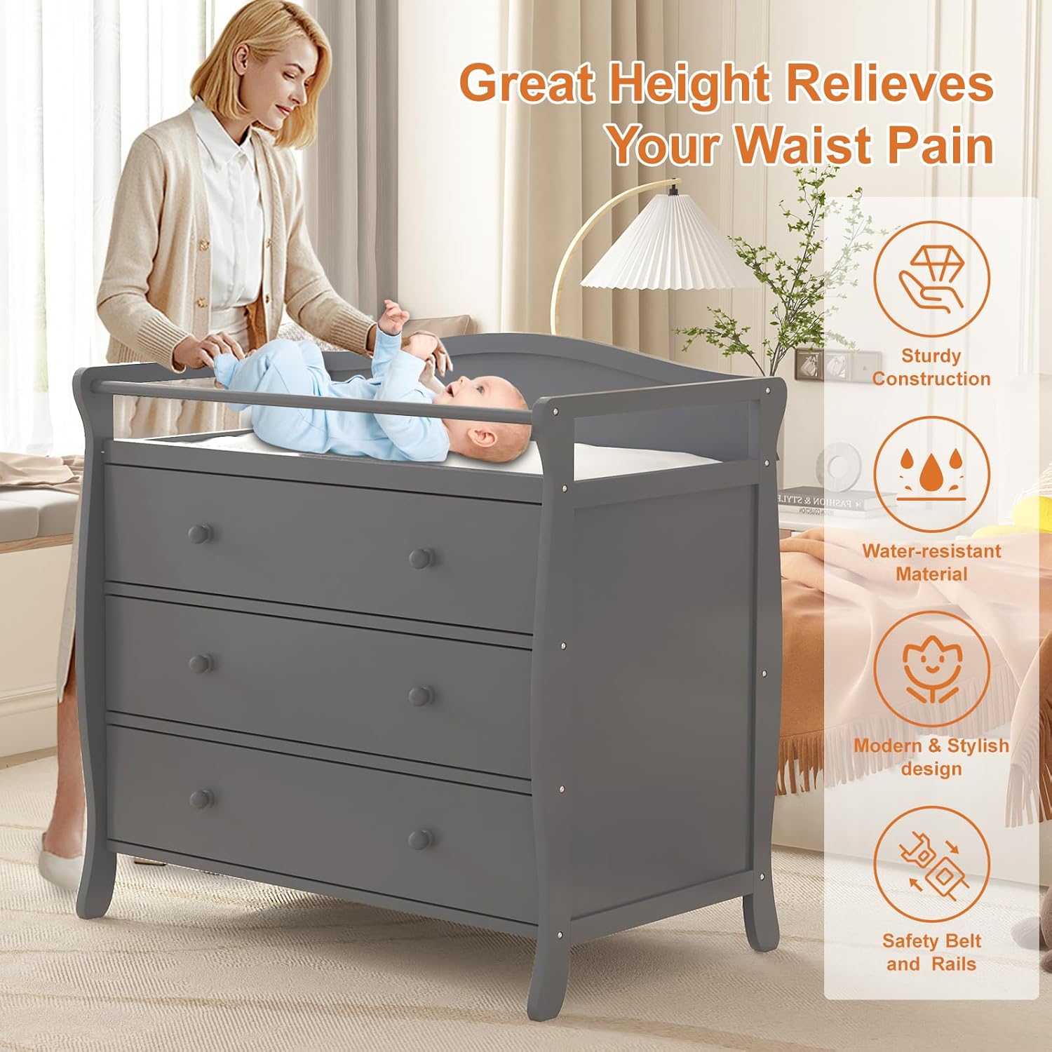 Baby Nursery Drawers - 3 أدراج طاولة تغيير الحفاضات الخشبية