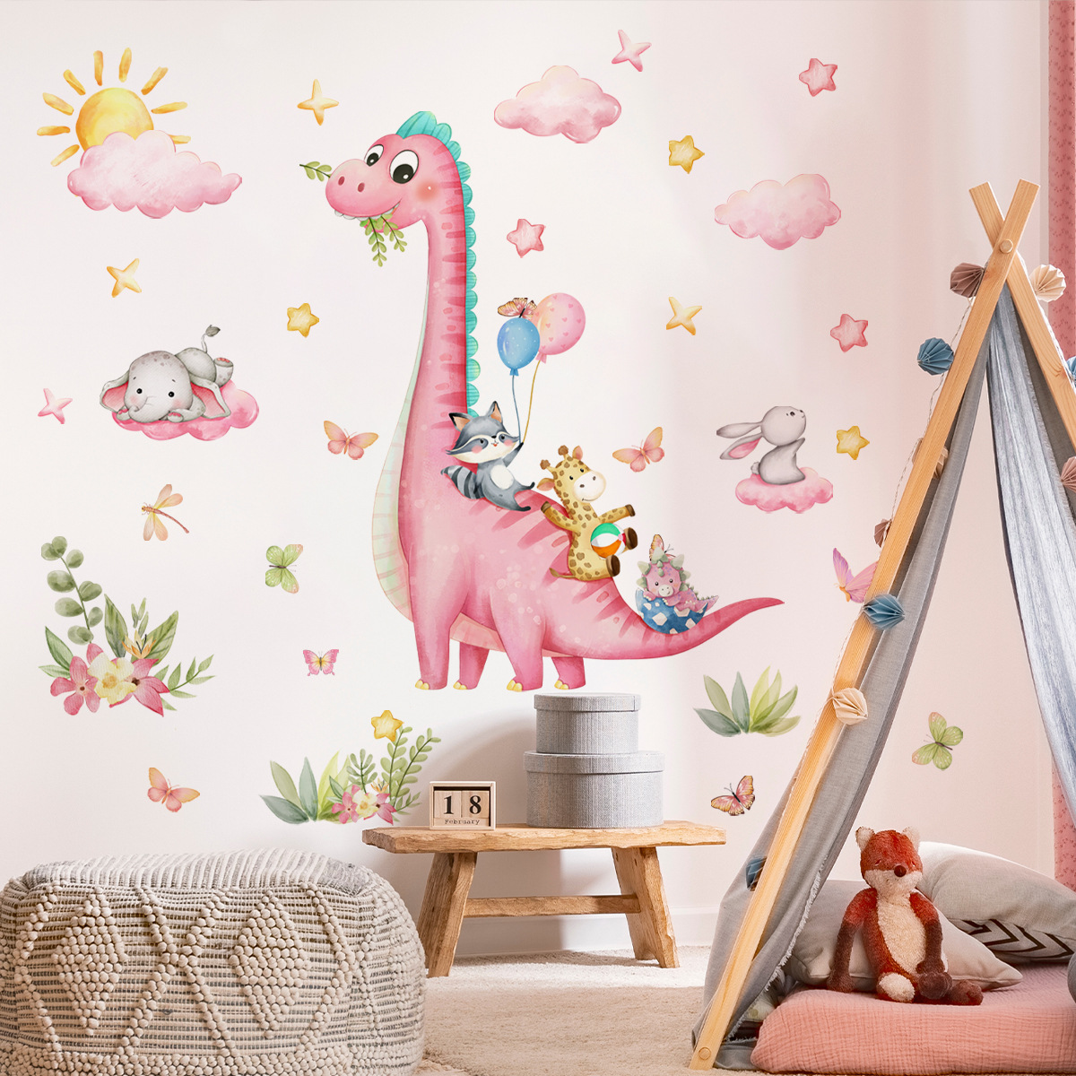 Baby Nursery Pink - ملصق حائط كبير على شكل ديناصور