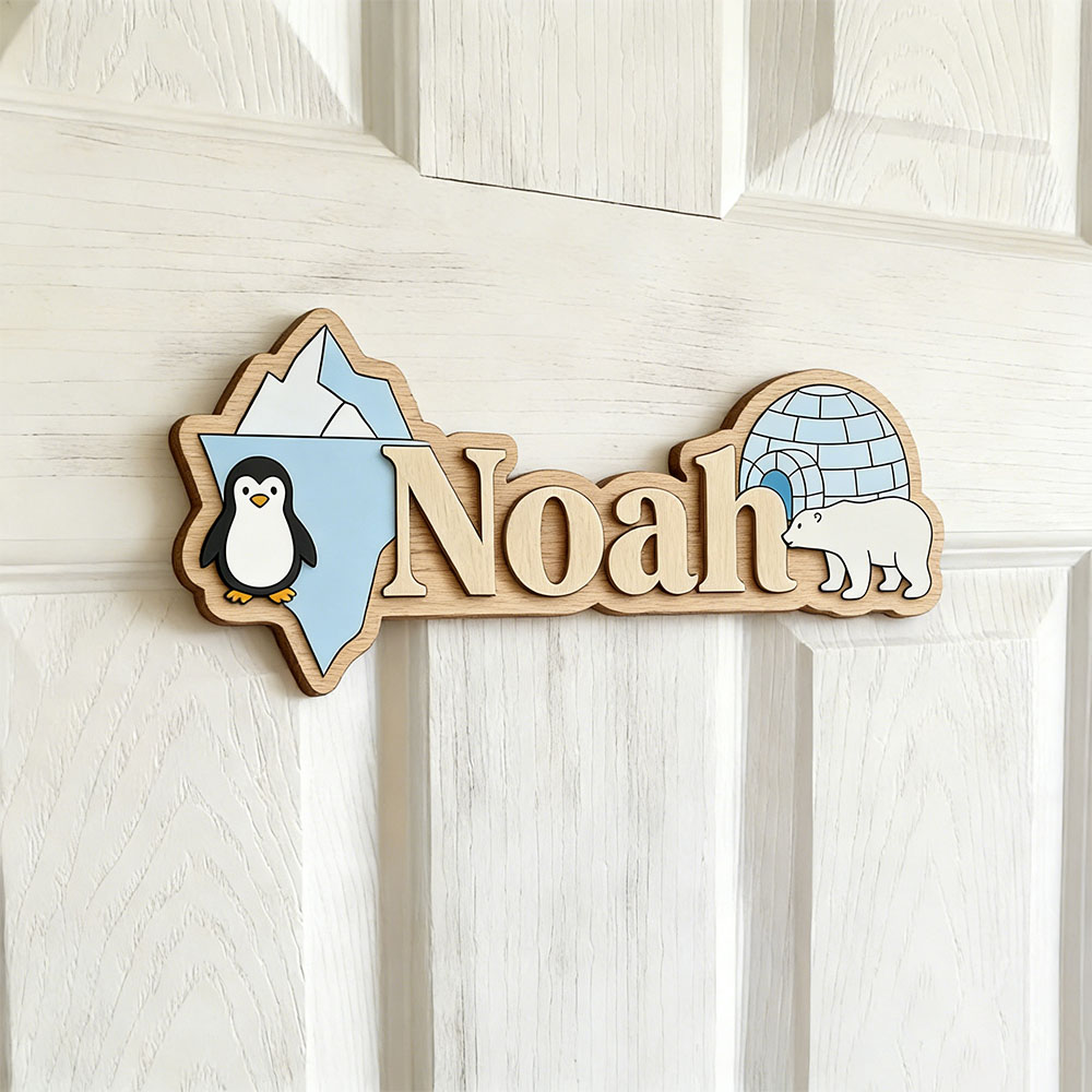 Baby Nursery Room - لوحة خشبية مخصصة بتصميم البطريق القطبي