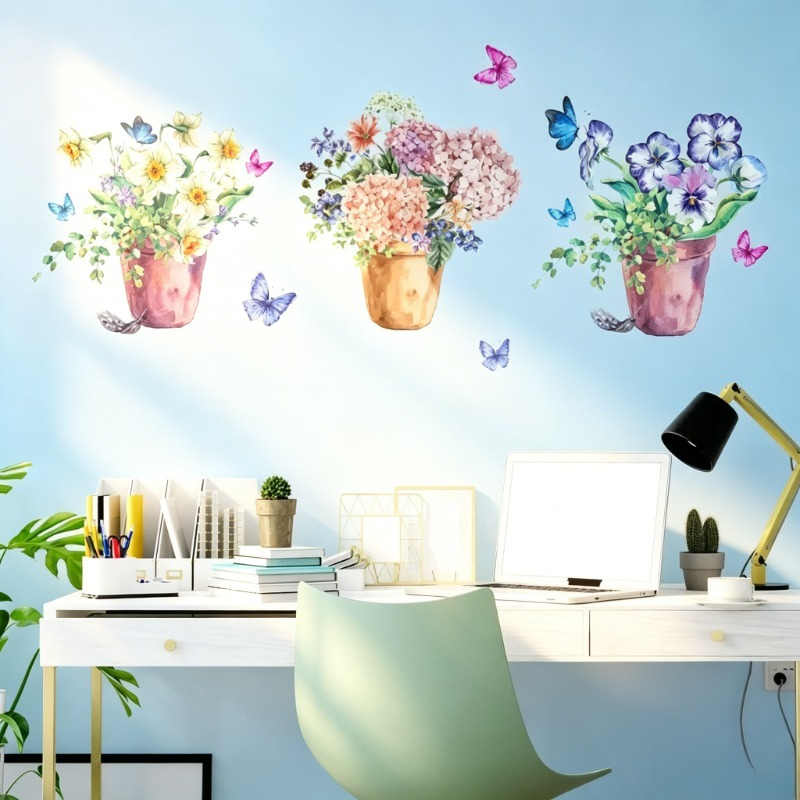 Wall Decal Nursery - ملصقات جدارية لزهور الهيدرانجيا والبانسي بألوان