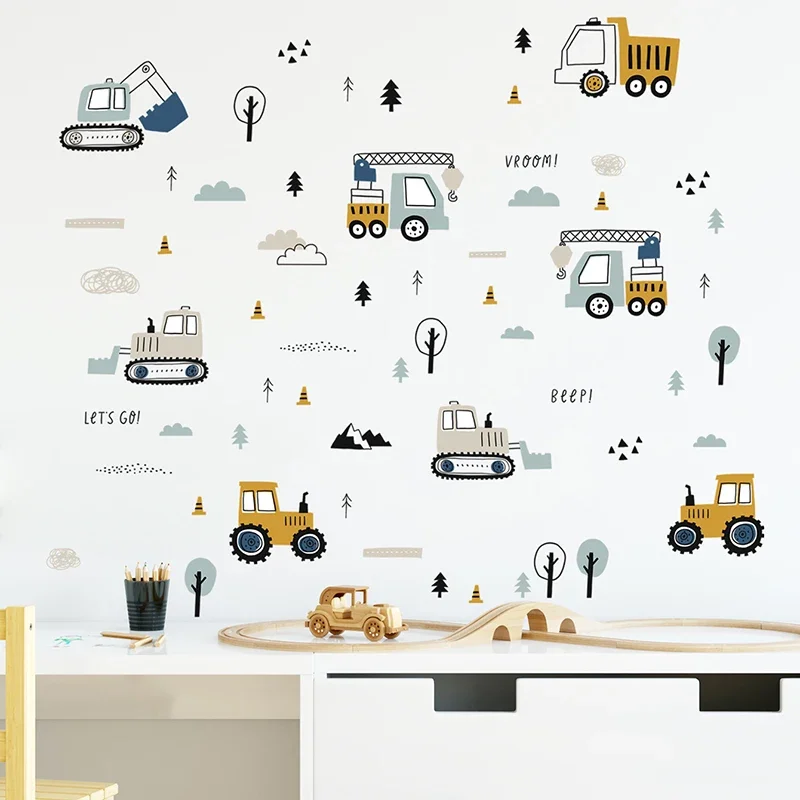 Wall Decal Nursery - مرسومة باليد لطيف سيارات شاحنة بضائع