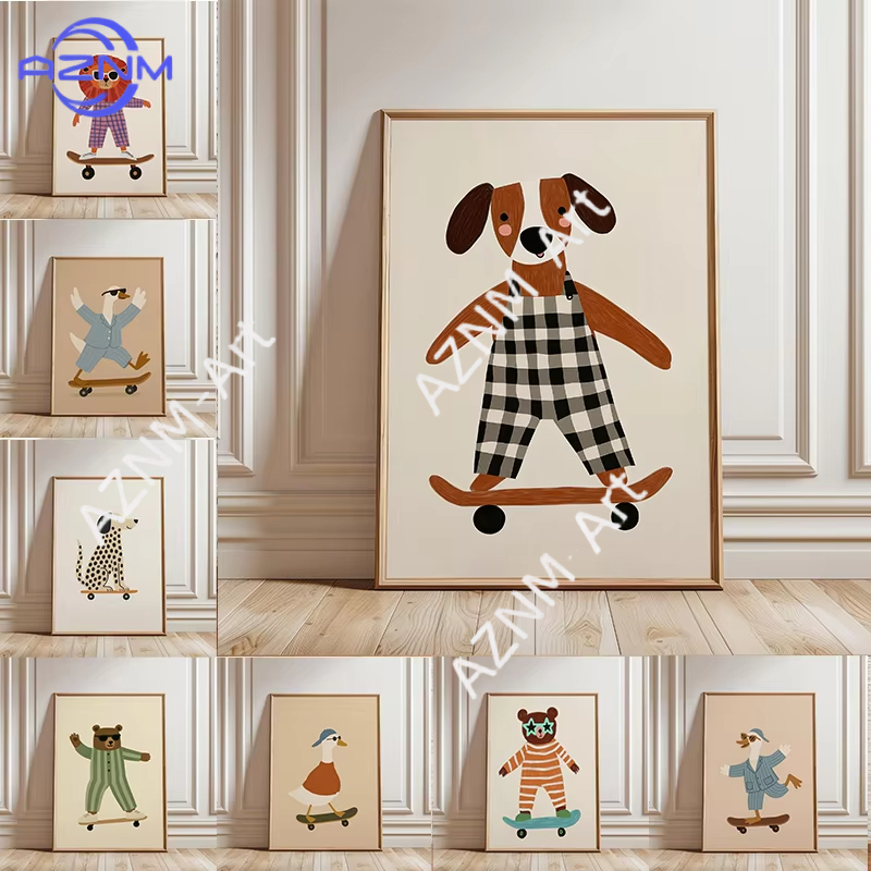 Baby Nursery Home - لوحة فنية مضحكة لحيوانات تمارس التزلج،